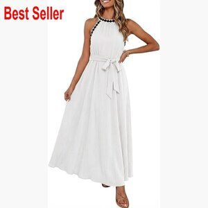 Polyester Halter Maxi Dress with Belt, Side Pockets, Formal Summer